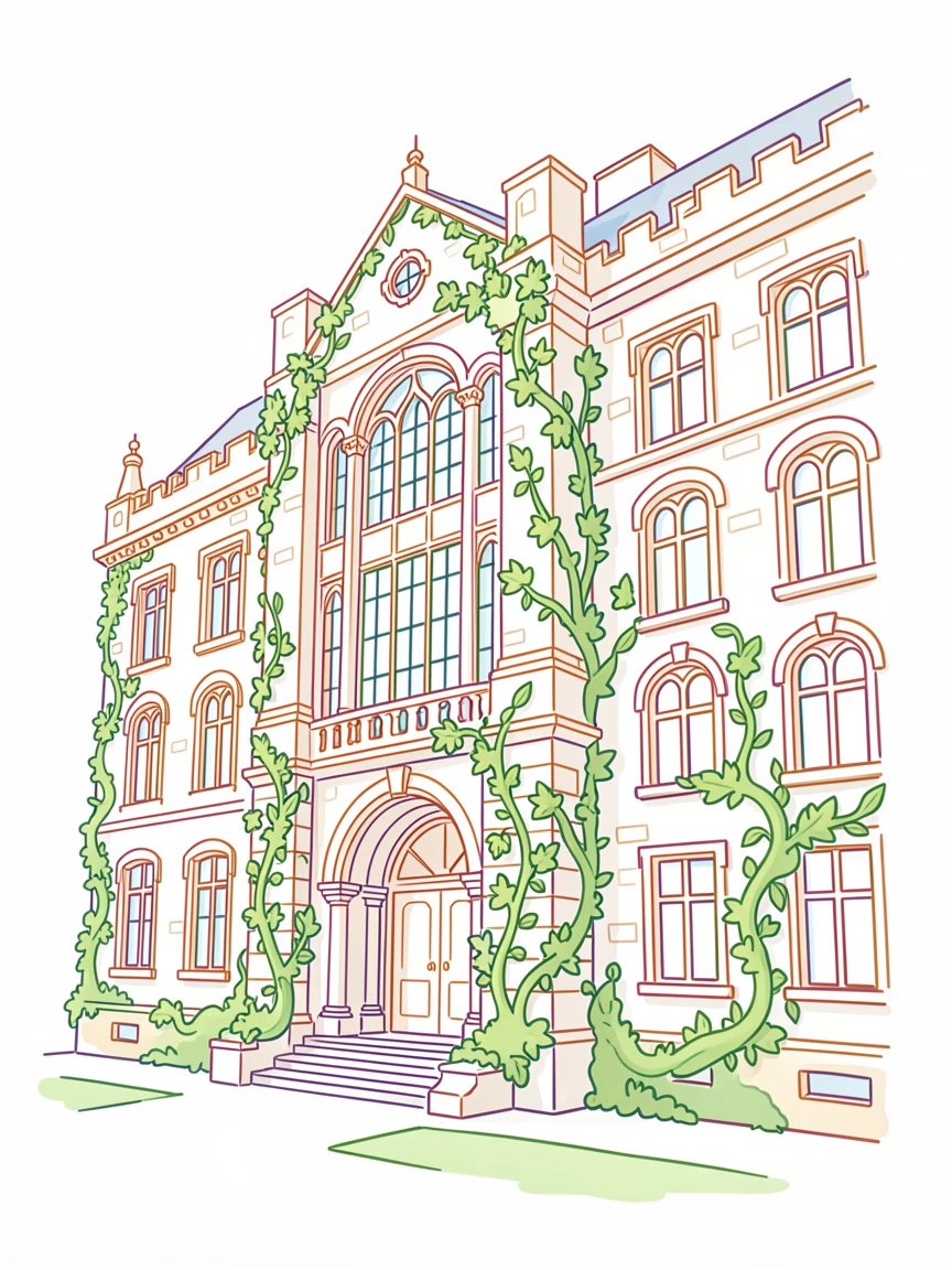 A grand university hall with ivy climbing its stone facade.