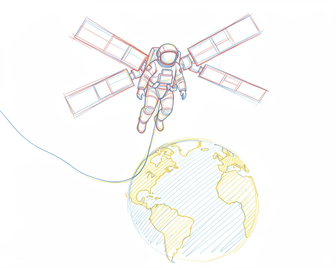 An astronaut tethered outside a space station, Earth glowing below