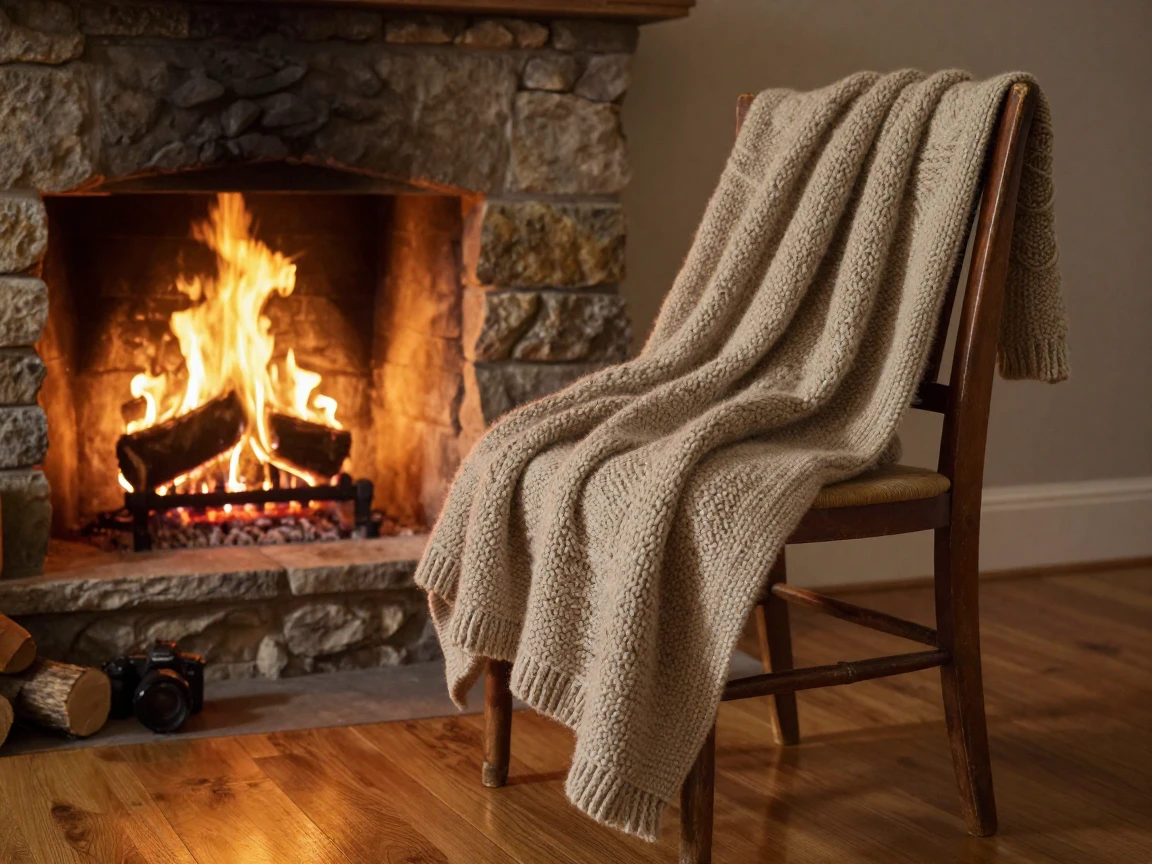A warm blanket draped over a chair by a crackling fire