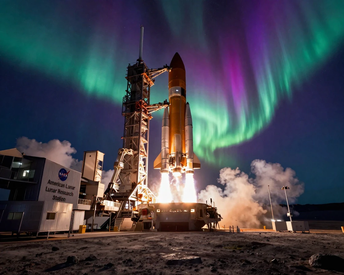 A lunar research station launching into a clear night sky beneath a sky ablaze with the northern lights