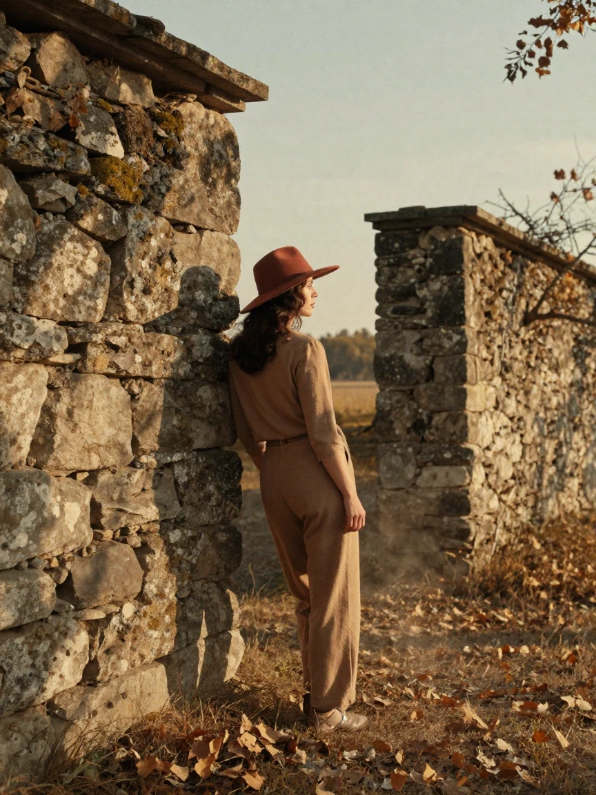 A model in a wide-brimmed hat posing beside an old stone wall, under soft golden-hour light, as heat shimmers over the ground, in the mild days of early autumn, in earthy terracotta and ochre shades, from behind, looking toward the horizon.