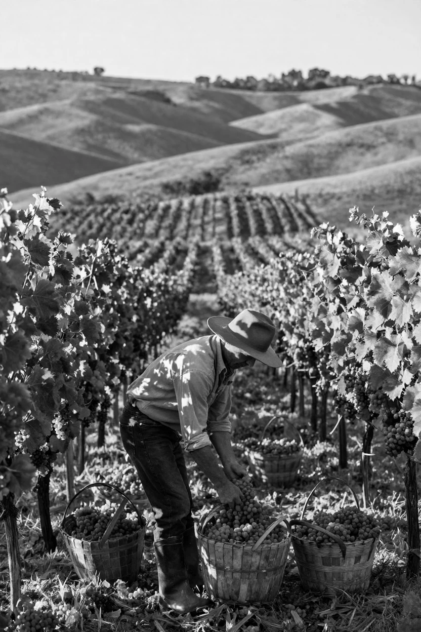 A vineyard harvest fills baskets with ripe grapes across sunlit rolling hills.