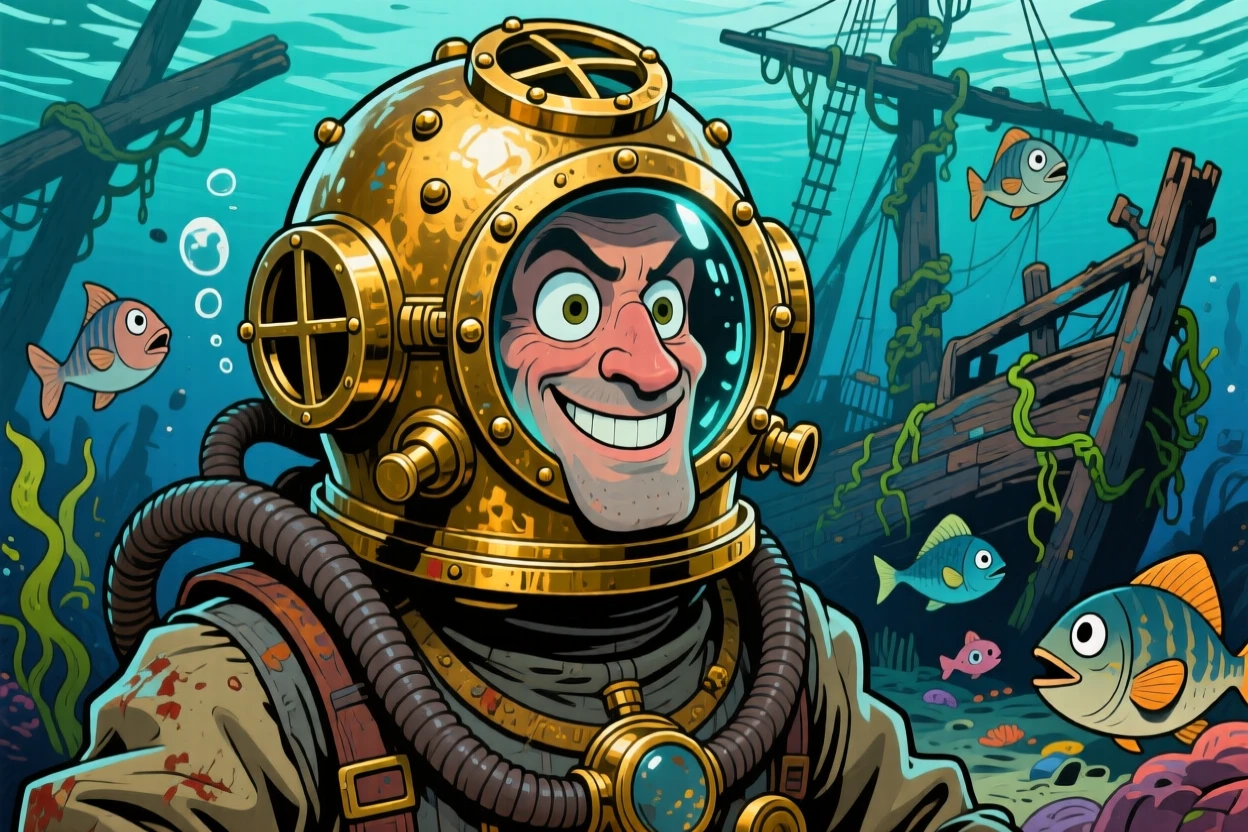 A brave deep-sea diver in an old-fashioned brass diving helmet exploring a shipwreck.