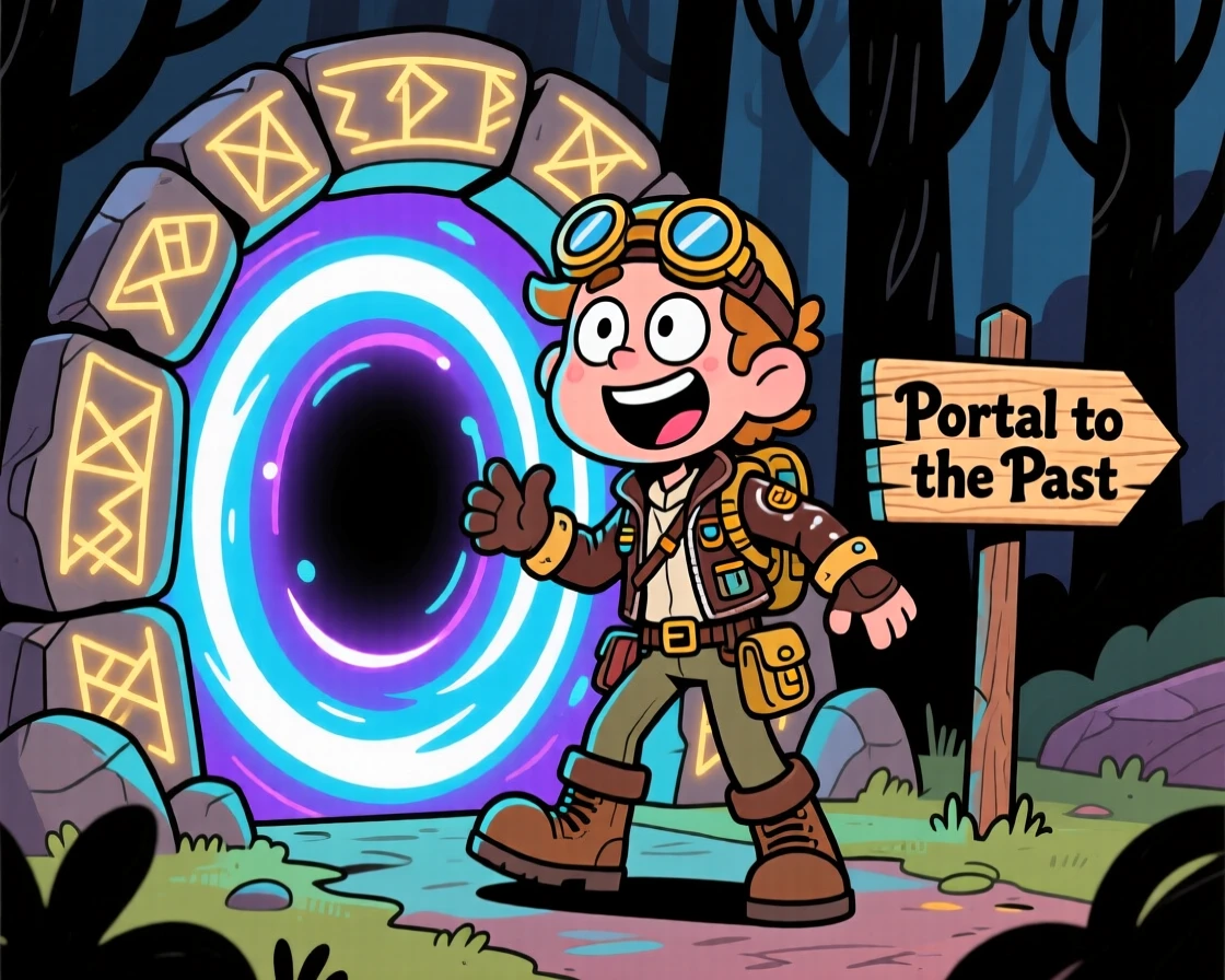 An imaginative fantasy scene of a time-traveling explorer discovering a portal shimmering with otherworldly light, as ancient runes glow softly nearby.