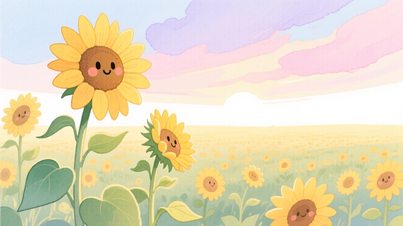 A serene landscape of a field of sunflowers turned toward the sun under a pastel dawn sky