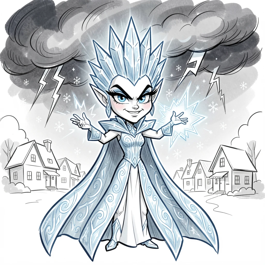 [Fantasy & Imaginative Scenarios] Imaginative fantasy scene of a valiant ice queen protecting a village from an approaching storm, brimming with wonder