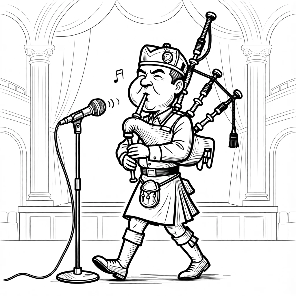 A bagpiper marching proudly despite a slightly off note, puffing out cheeks to power through the pipes, set on a grand concert hall stage. A worn microphone stand tilts slightly from the energy. The scene bursts with raw, electric passion for music.