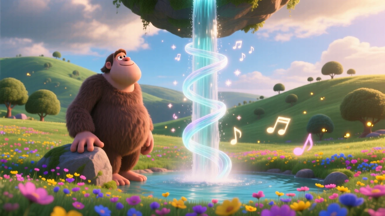 A friendly giant stands beside a waterfall that flows upward into the sky, floating gently above a field of flowers. A quiet magic hums softly throughout the scene, with faint music seeming to drift on the breeze.