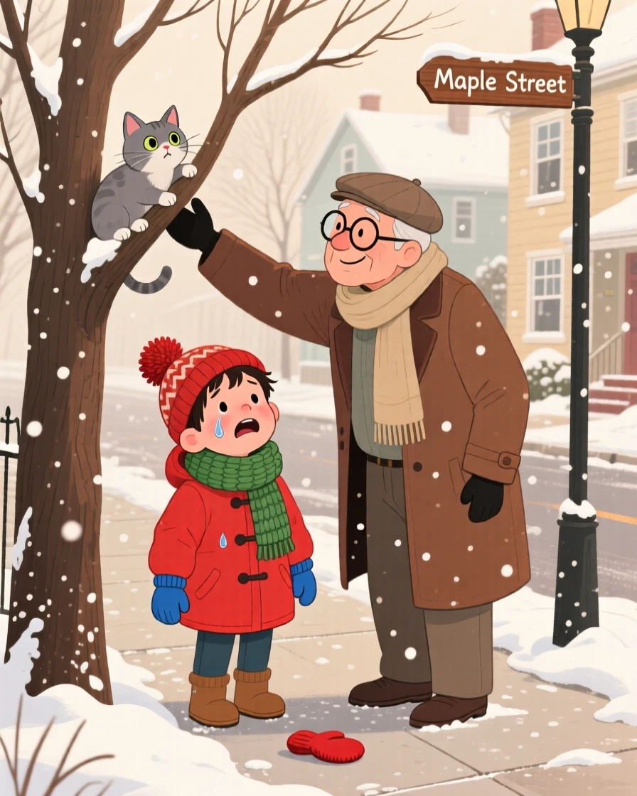 A boy and his grandfather share a tender moment rescuing a kitten stuck in a tree in a snowy sidewalk, with tears turning quickly into laughter.