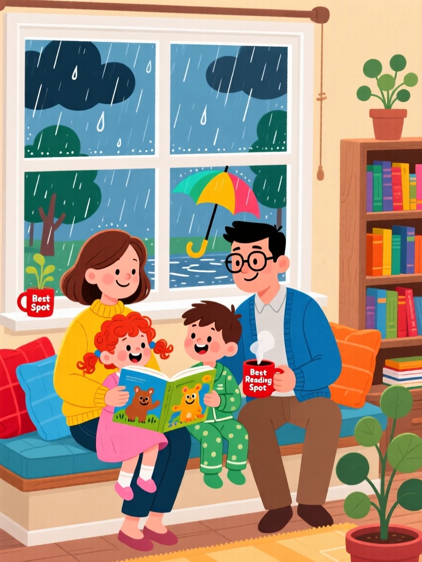 A family reading together on a rainy afternoon by the window.