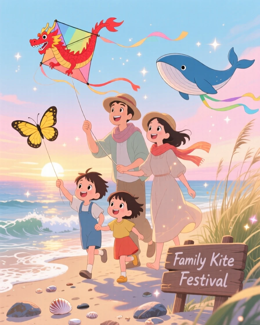 Parents and children flying kites together on the beach, the scene glowing with togetherness.