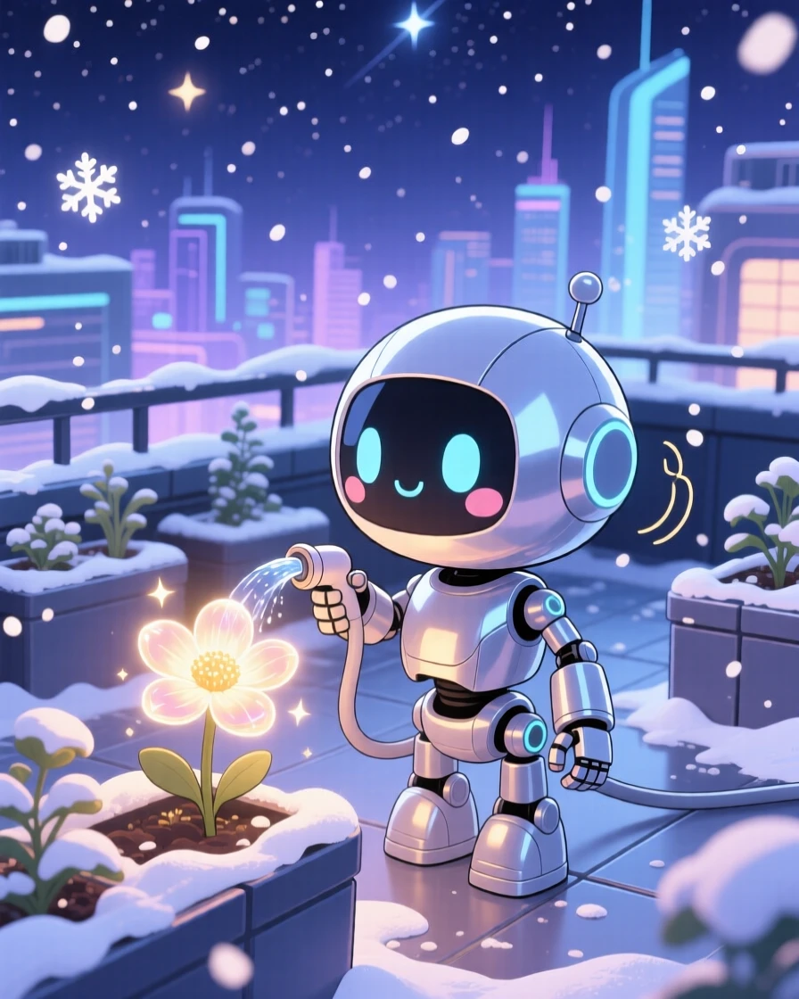 A small round robot watering a glowing flower with a tiny hose in a futuristic rooftop garden during a cozy winter snowfall; sparkling starlight washes over the scene as giggling amusement fills the moment. Over-the-shoulder view.