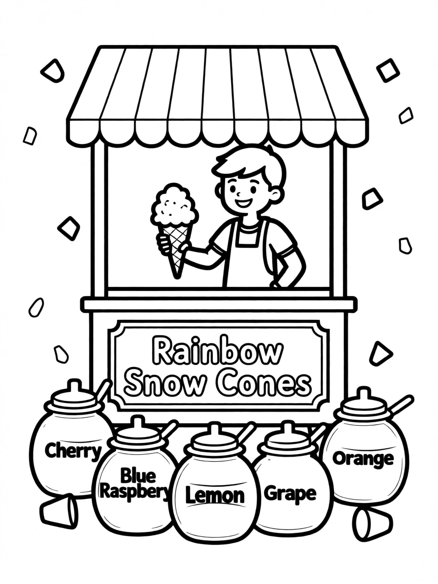 A snow cone stand with rainbow-colored flavors