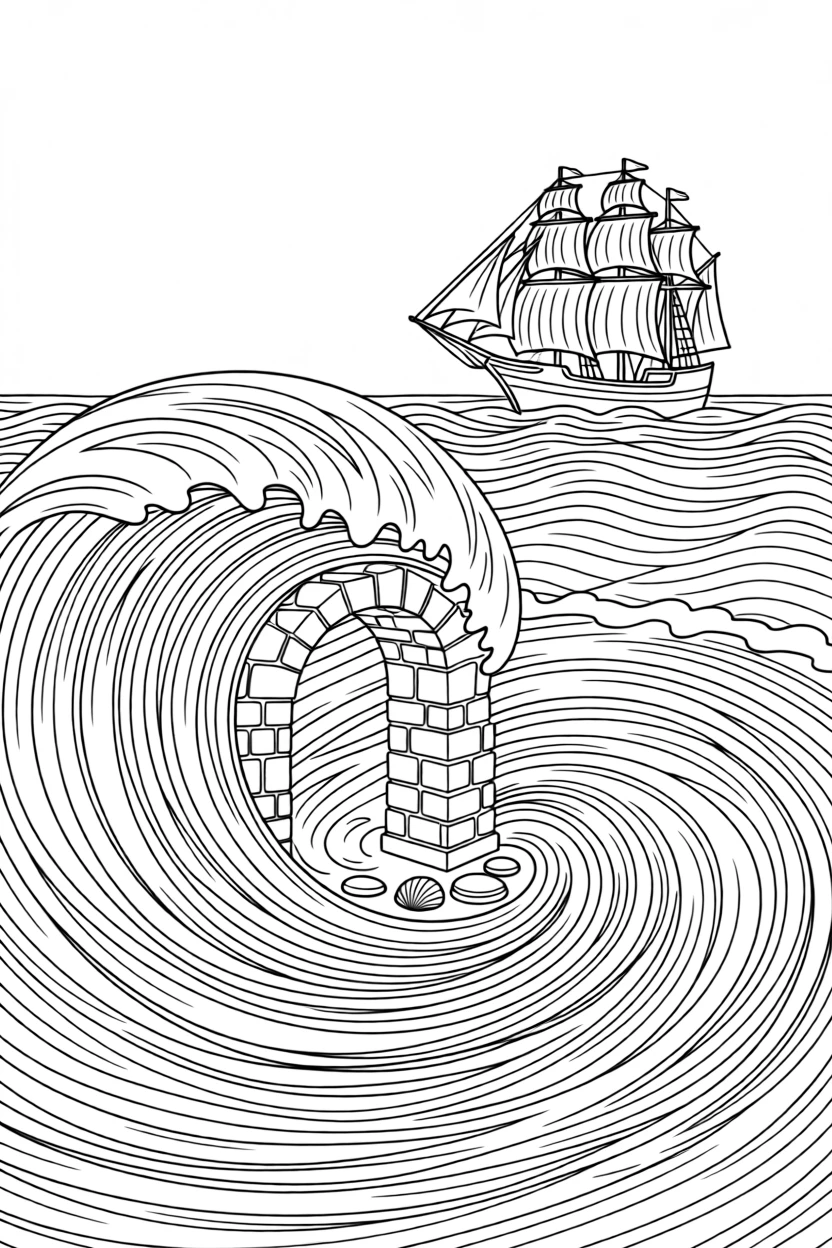 A whirlpool swirling around a stone archway, with a distant silhouette of a ship above the waves.