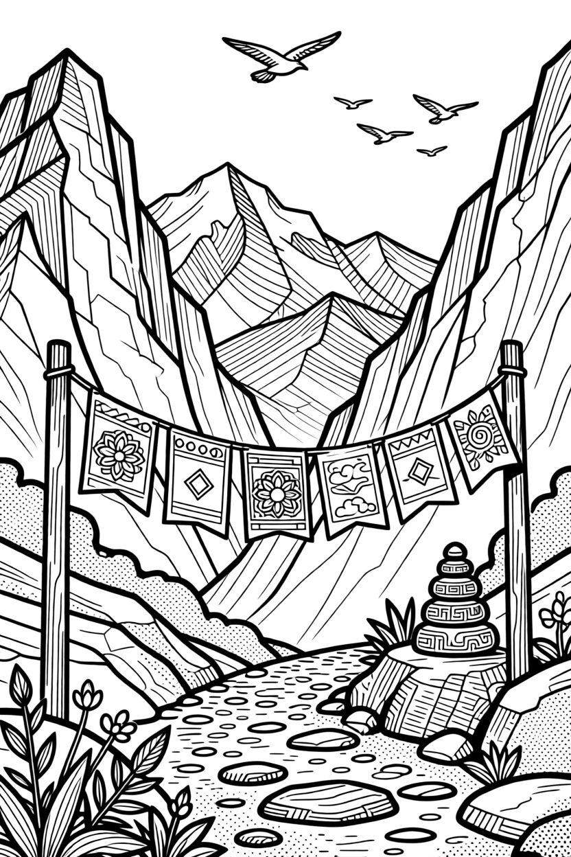 A prayer flag scene strung across a mountain pass.
