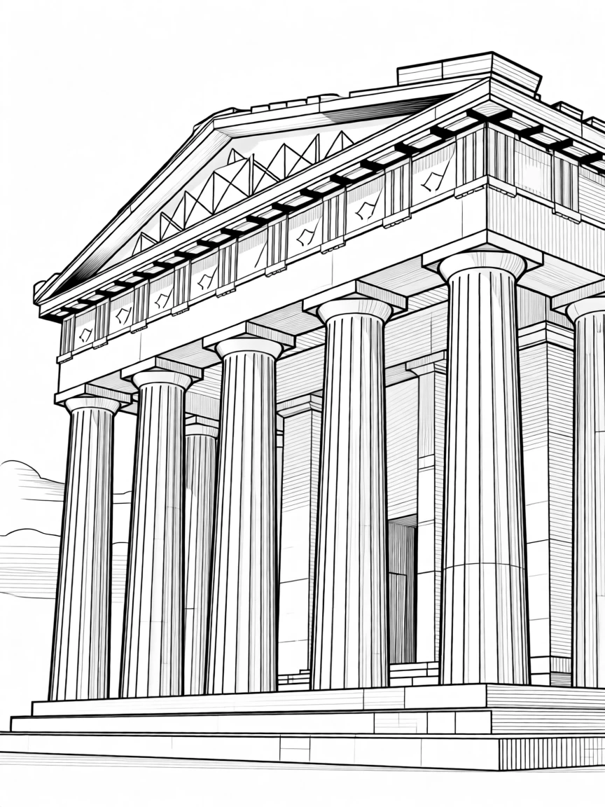 A Greek temple with towering columns against a clear sky
