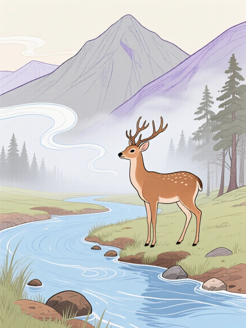 A gentle deer watching the horizon beside a mountain stream as fog rolls in.