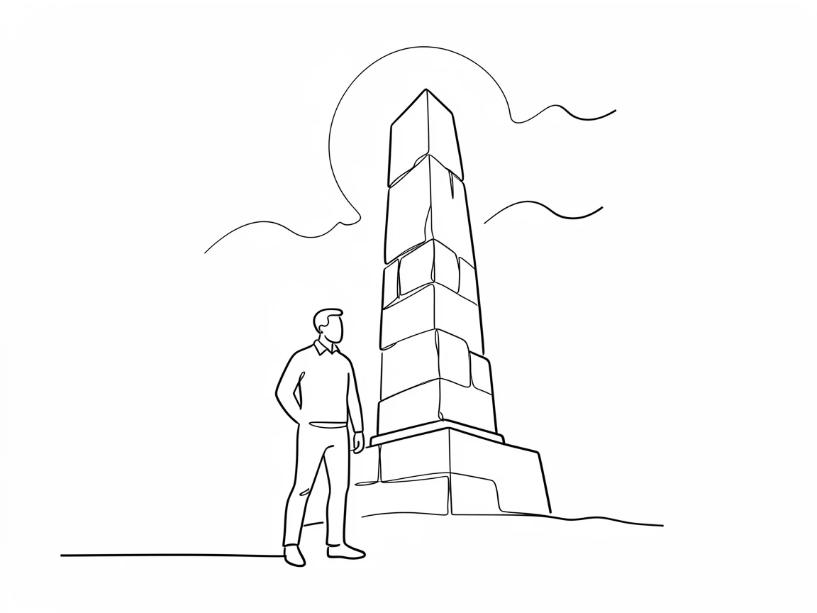 A traveler standing before a towering ancient stone monument at dawn