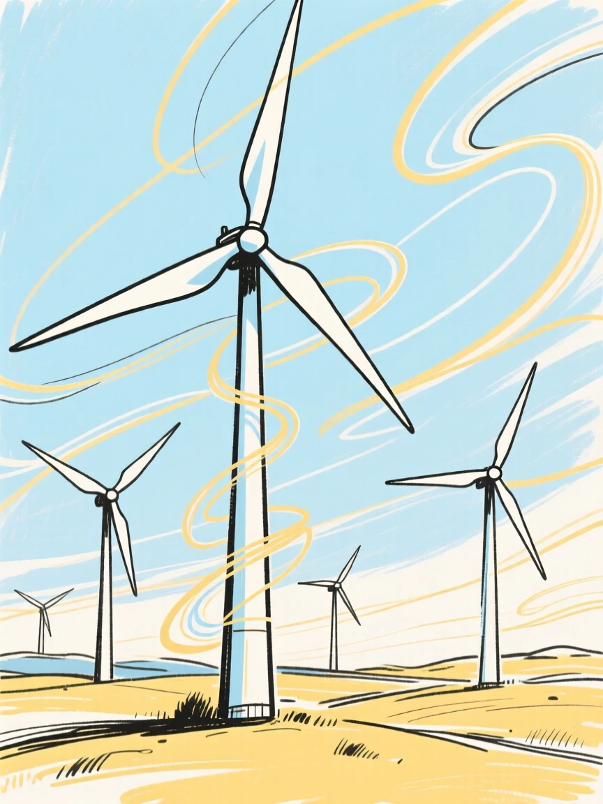 A wind farm with towering turbines spinning against a bright sky.