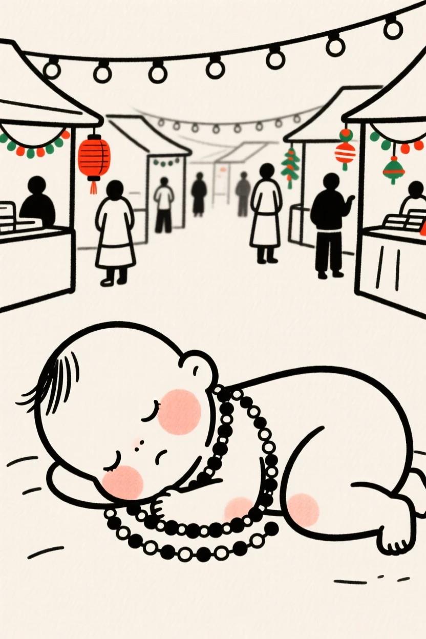 A sleepy baby of Hawaiian heritage wearing a Maasai beaded collar, resting in calm stillness, at a bustling holiday market.