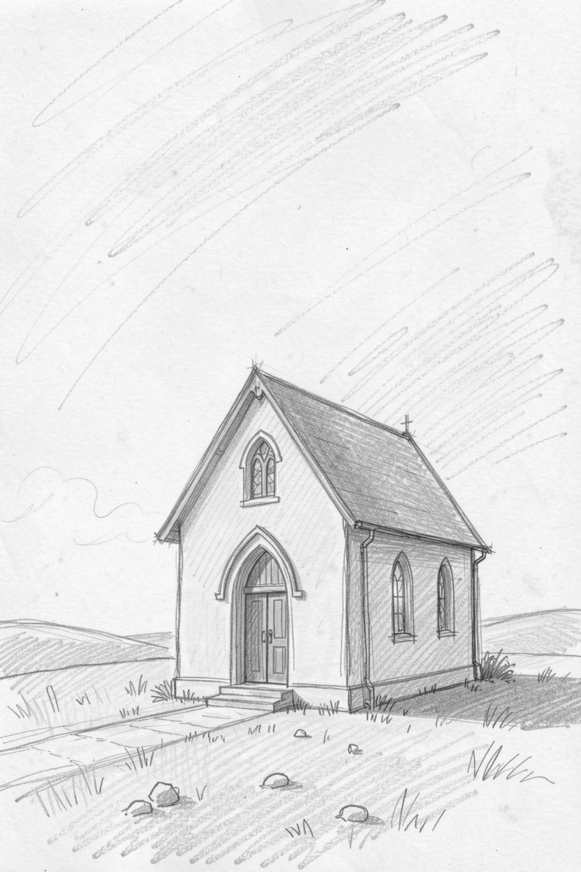 A serene, inspiring scene of a quiet chapel filled with soft morning light, beneath a vast open sky, capturing a moment of pure stillness.
