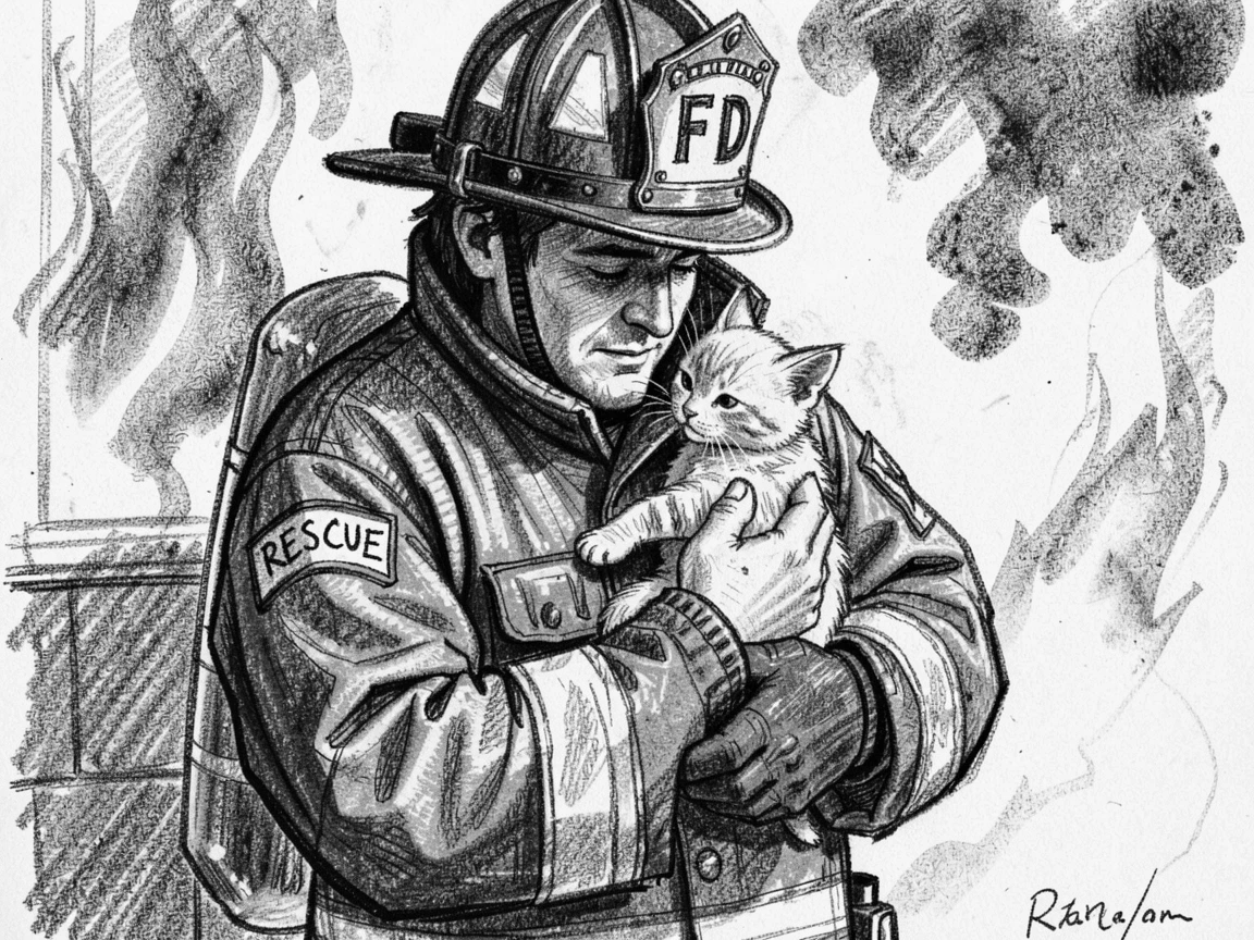A firefighter carrying a rescued kitten from a burning building, in a moment of quiet togetherness.