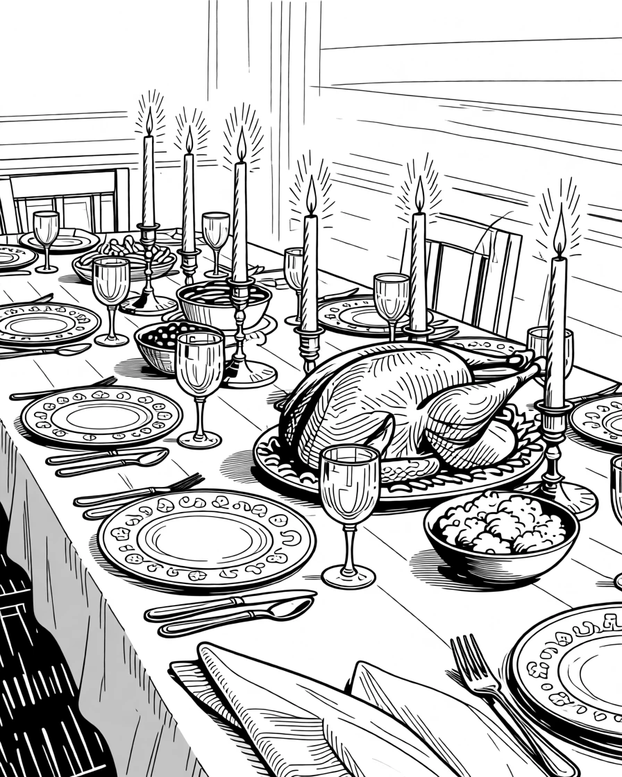A beautifully set holiday dinner table glowing under warm candlelight.