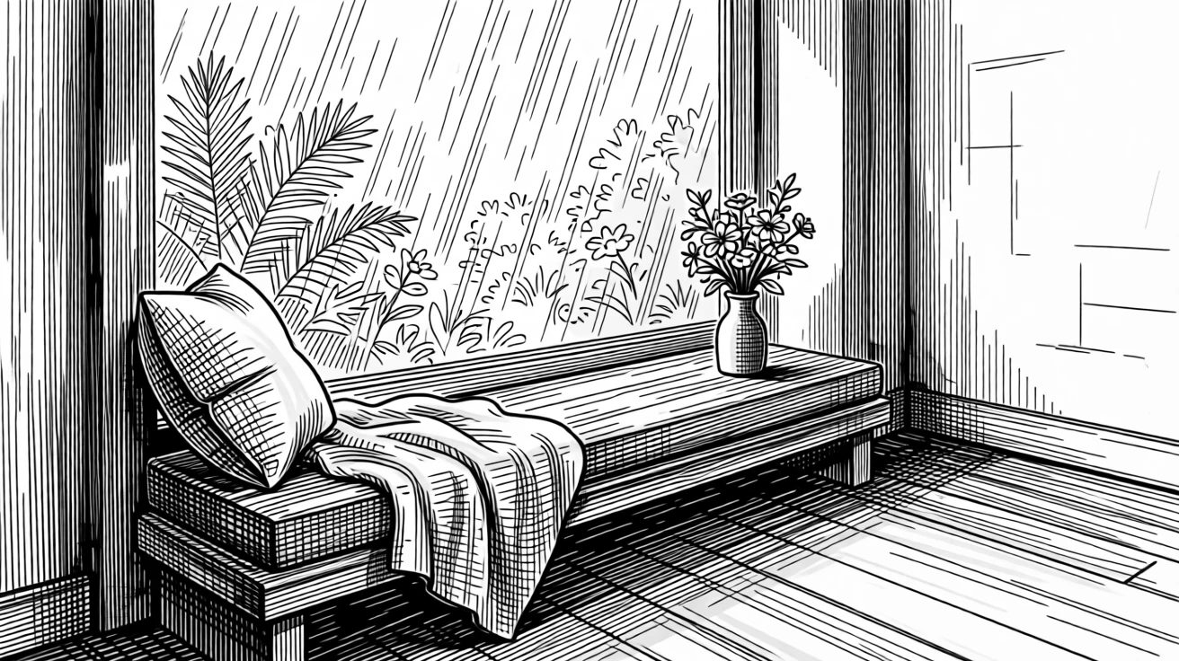 A window seat overlooking a rain-streaked garden as golden light stretches across the floor, with a small vase of fresh flowers nearby, evoking a full of quiet gratitude sense of calm.