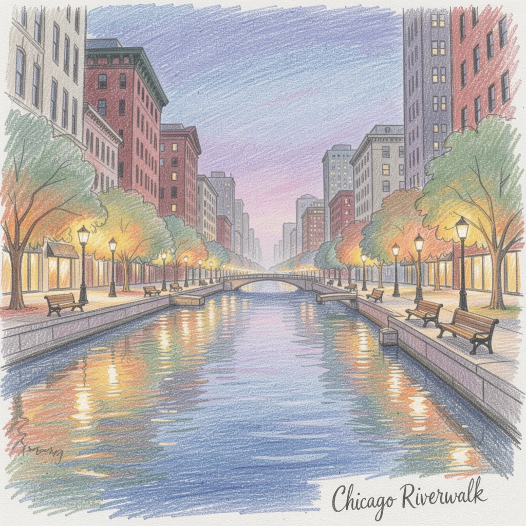 A Chicago riverwalk glowing with reflections at twilight, set against a softly lit, atmospheric backdrop, radiating comfort, joy, and quiet beauty.