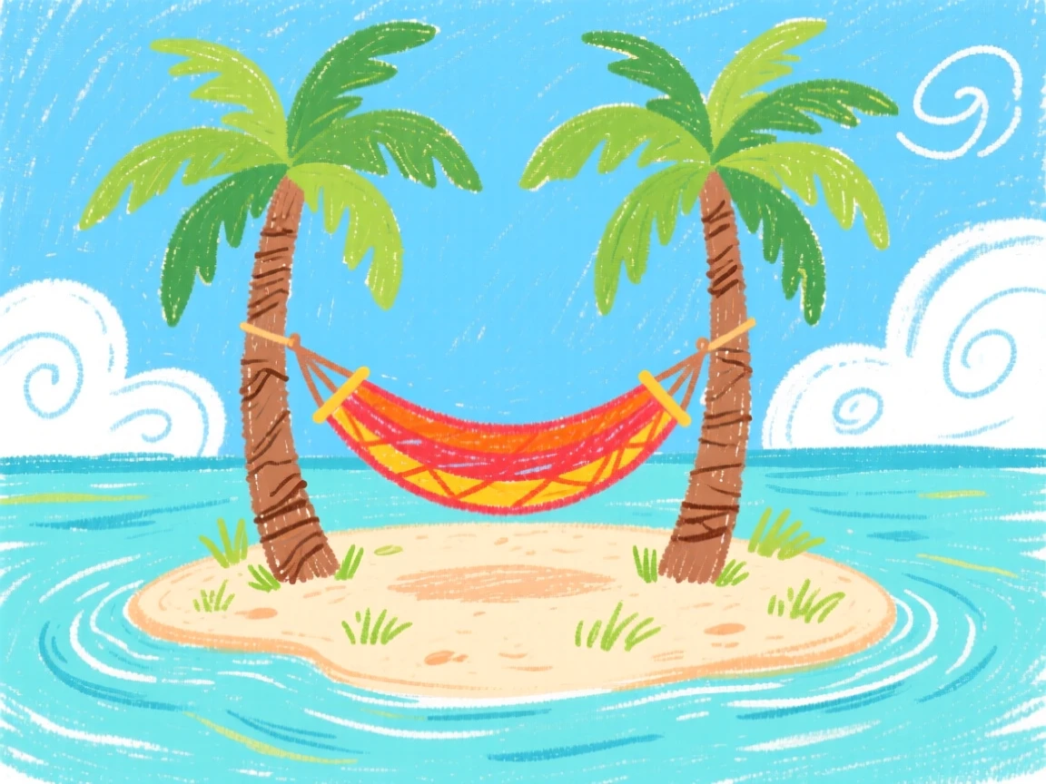 A hammock strung between two palm trees on a tropical island.