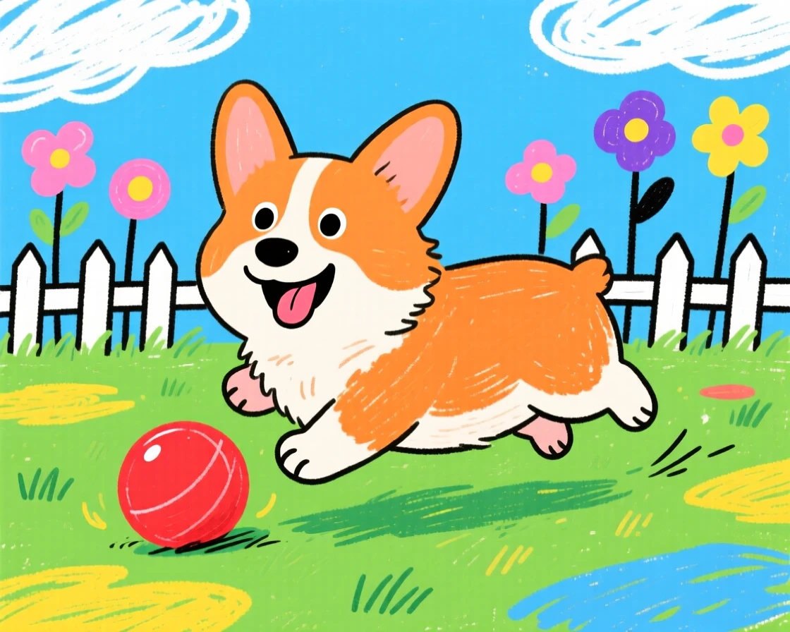 A friendly corgi fetching a rubber ball across the lawn.