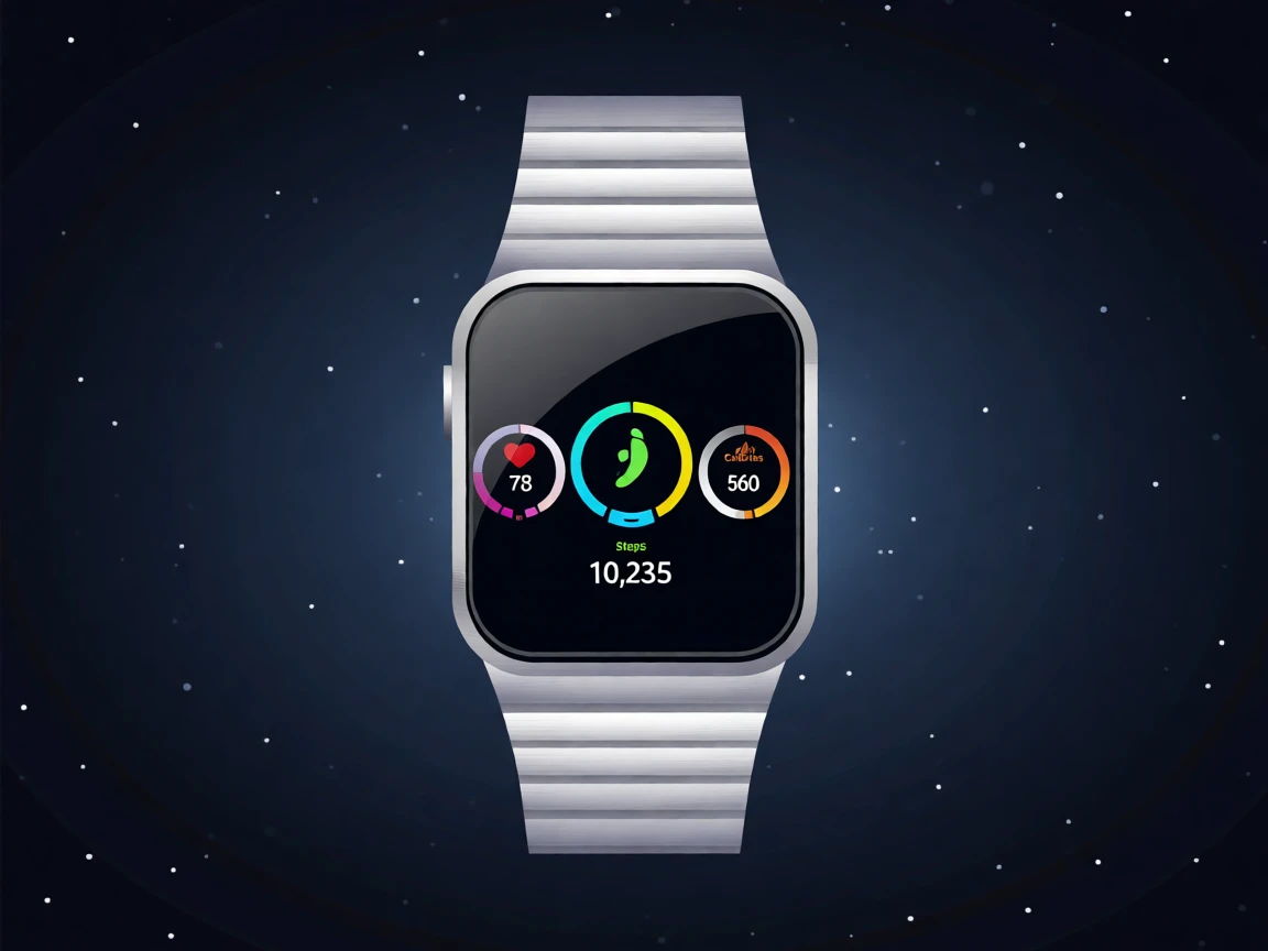 A sleek smartwatch displaying a colorful fitness dashboard, set against a backdrop of starry outer space, arranged with balanced negative space around the subject, with sleek metallic textures catching soft light.