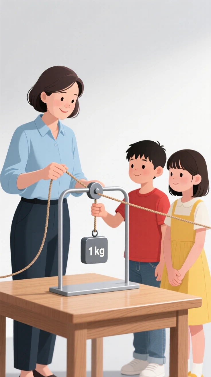 A teacher and students conducting a simple physics experiment with a pulley.