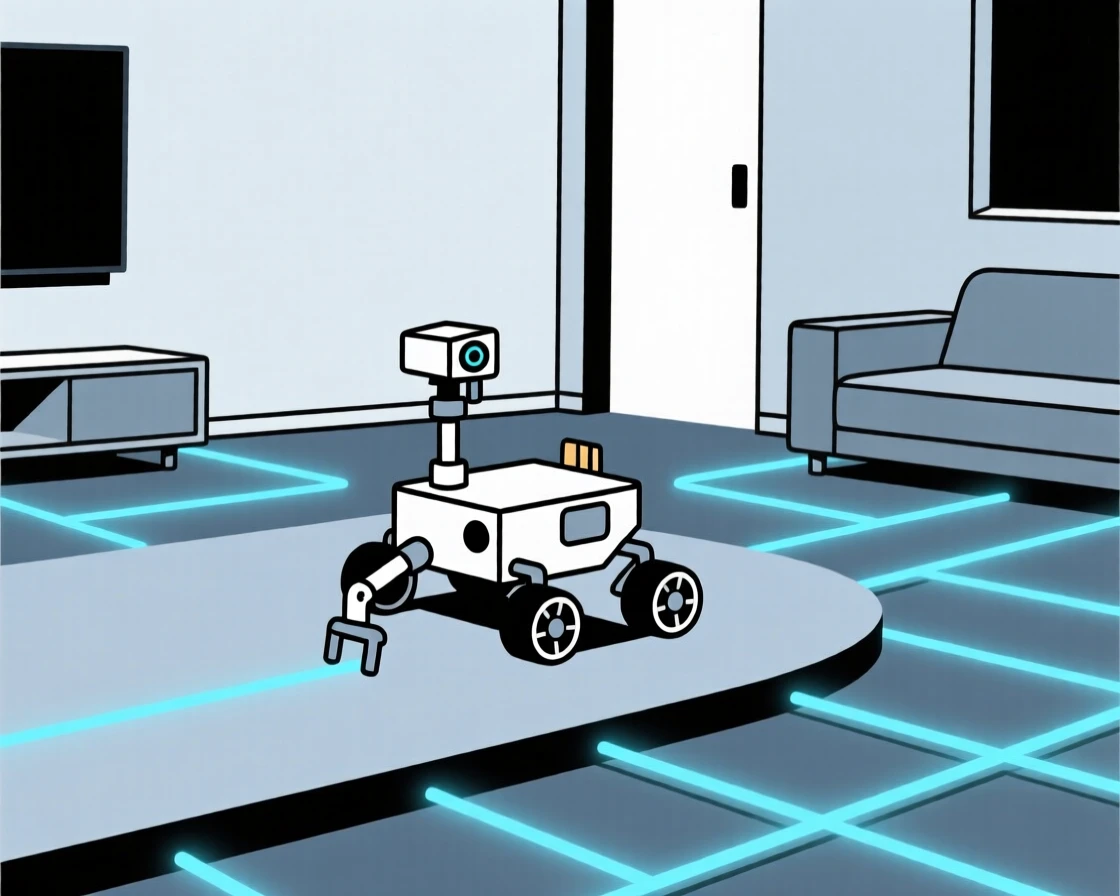 A view of space rover exploring terrain operating within a modern smart home, near a network of glowing wires, evoking precise engineering.