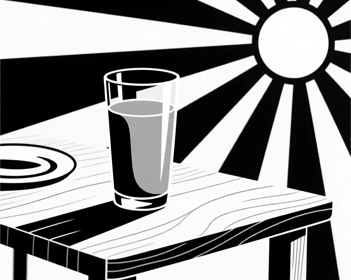 A glass of orange juice beside a sunny breakfast table.