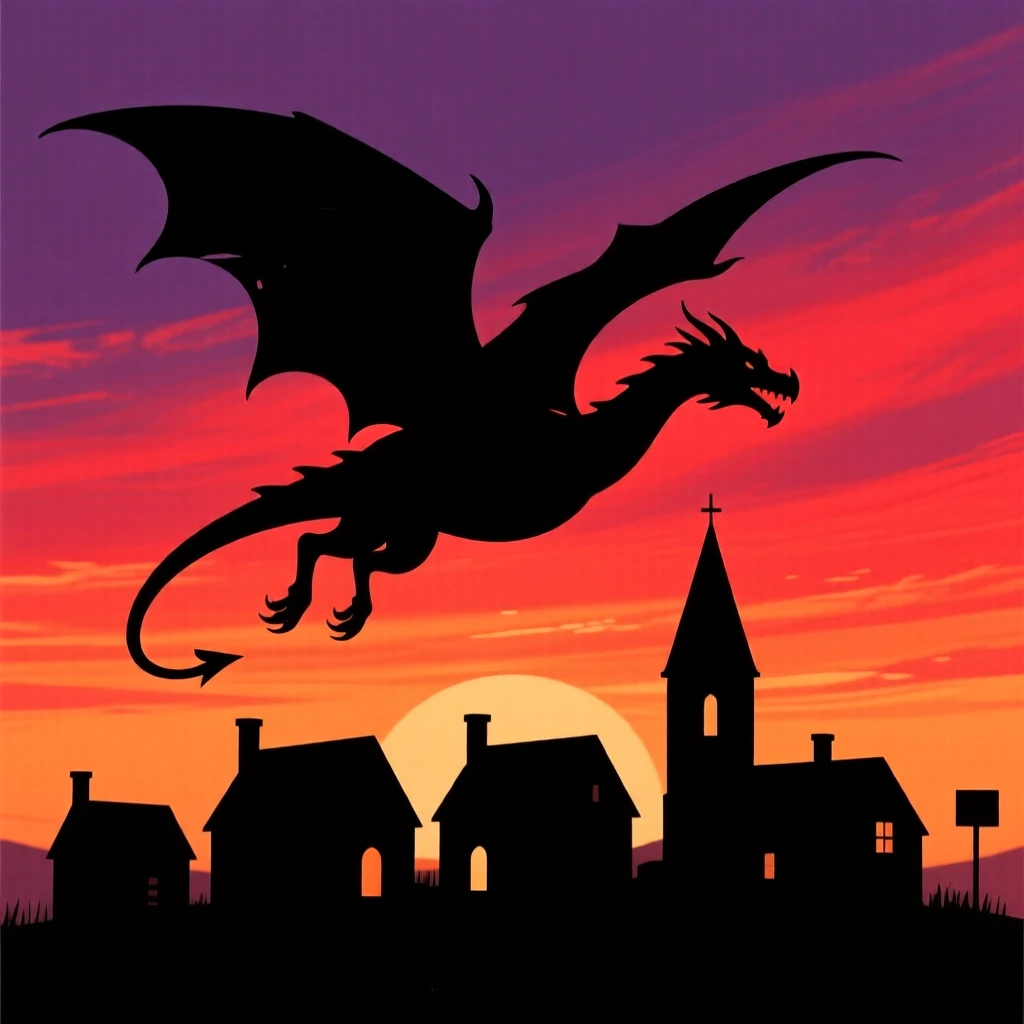 A dragon's shadow passing over a small medieval village below.