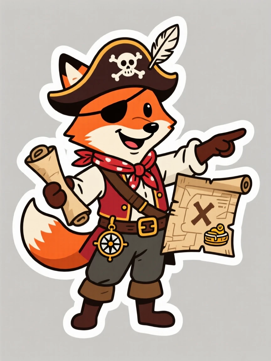 A playfully retro pirate captain fox holding a treasure map, ready for the next big adventure, during an exciting made-up adventure.