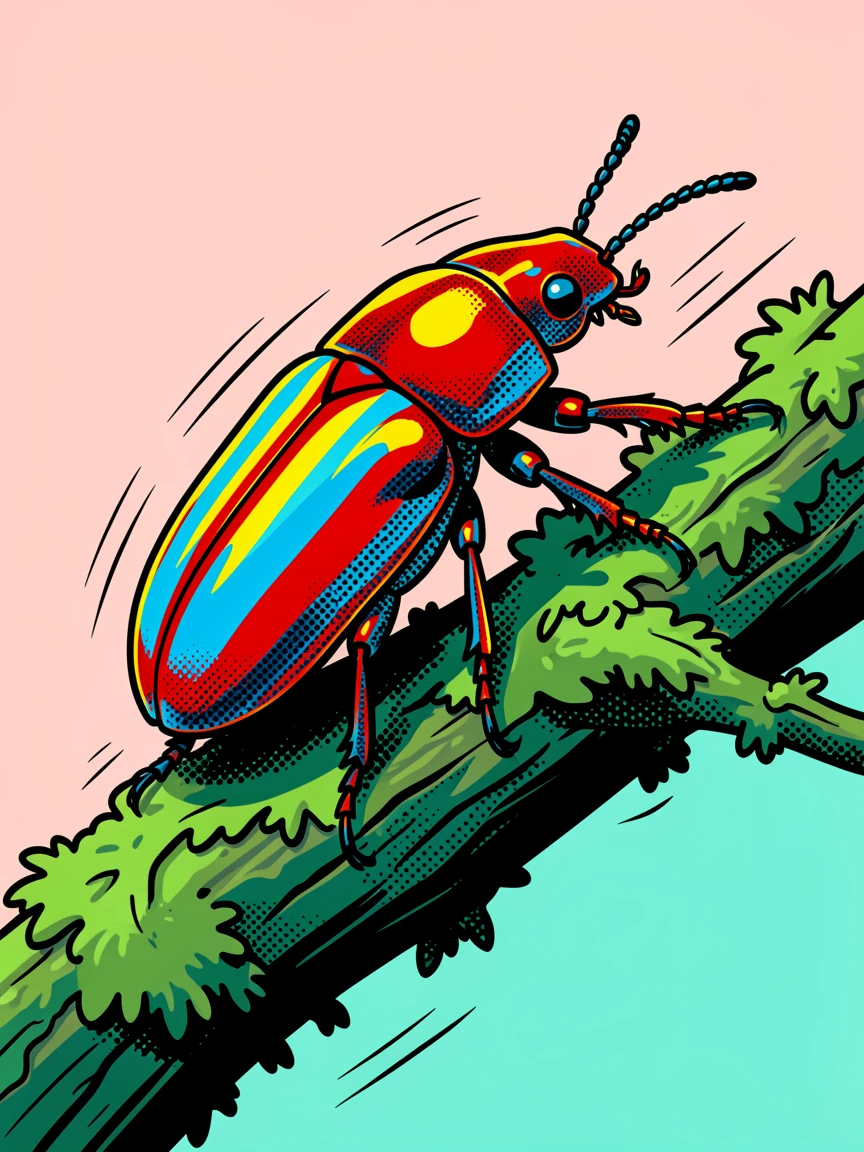 An elaborate beetle crawling along a mossy branch