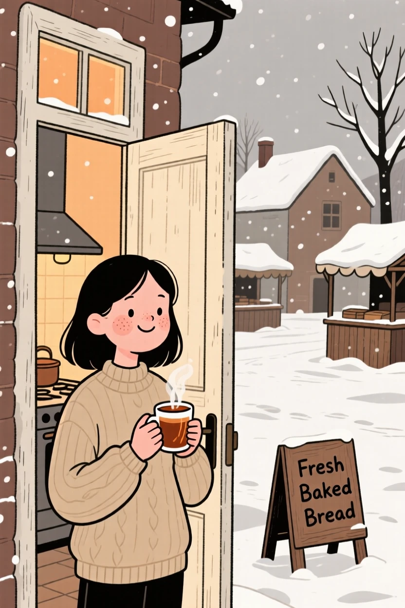 Snow blankets a quiet village square while a young woman watches from a warm kitchen doorway, a mug of spiced cider warming their hands.