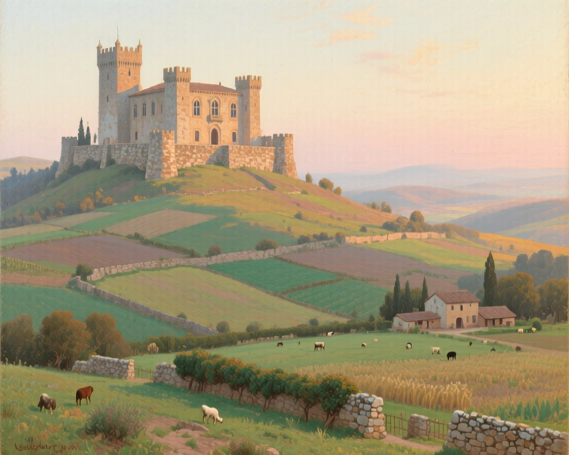 A panoramic view of a hilltop castle overlooking a patchwork of green fields, in Andalusia, in the Renaissance period, in early morning light.