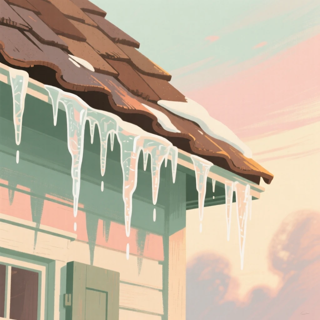A row of icicles hanging from a cottage rooftop at dawn