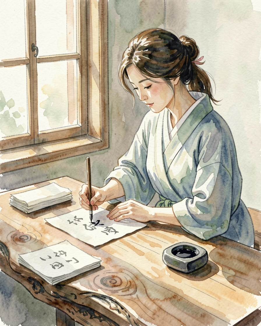 A woman practicing calligraphy at a wooden desk.