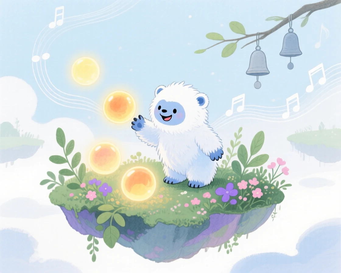 A tiny snow yeti cub plays among floating glowing orbs in a floating garden island, as distant chimes ring softly in the wind