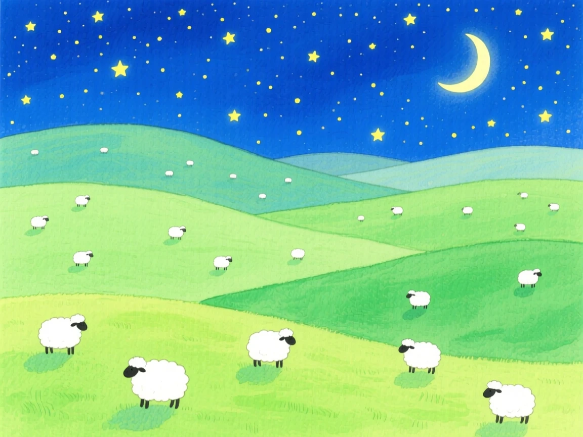 Rolling hills dotted with grazing sheep, peaceful and vast, beneath a starry night sky.