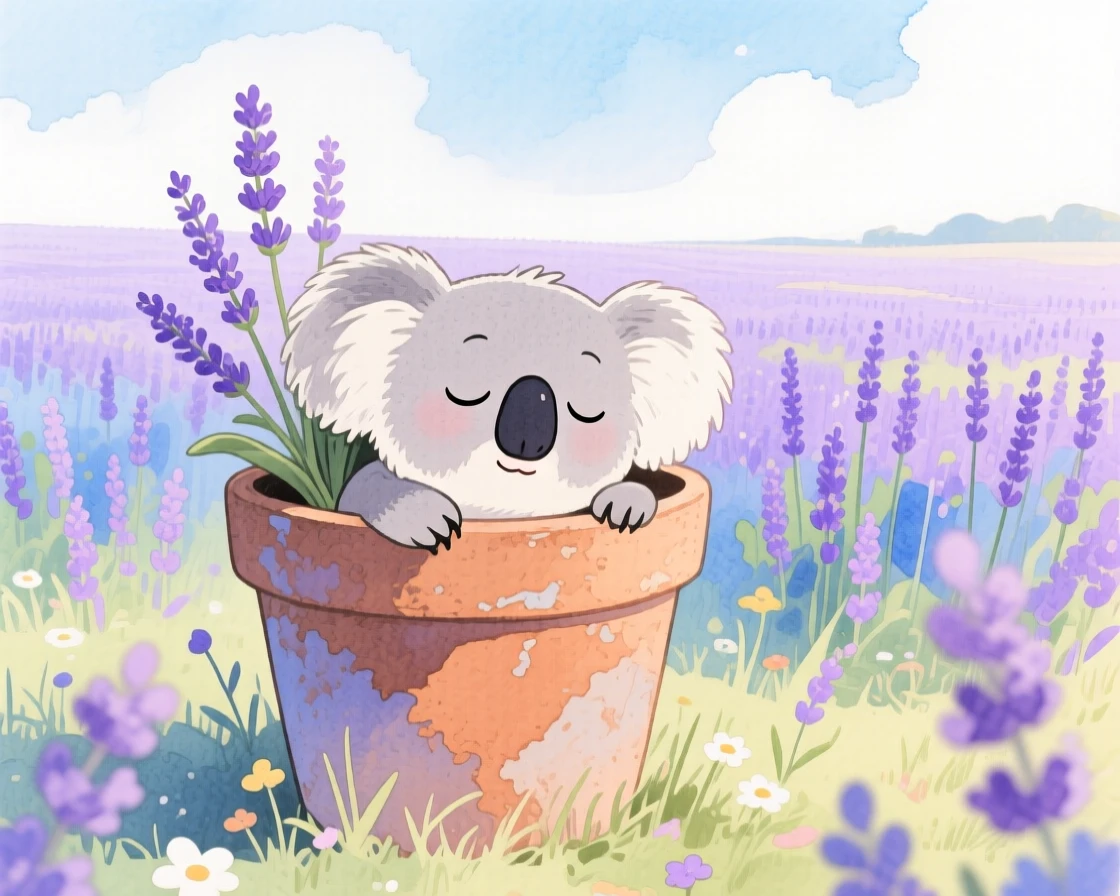 A sleepy koala peeking out from behind a flower pot, set in a lavender field stretching to the horizon, filled with wide-eyed wonder.