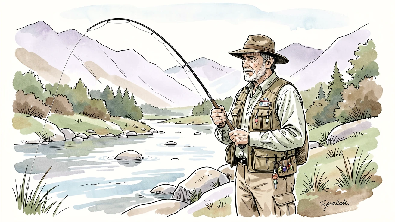 A fisherman fly-casting across a quiet mountain stream, small details revealing years of practiced dedication.