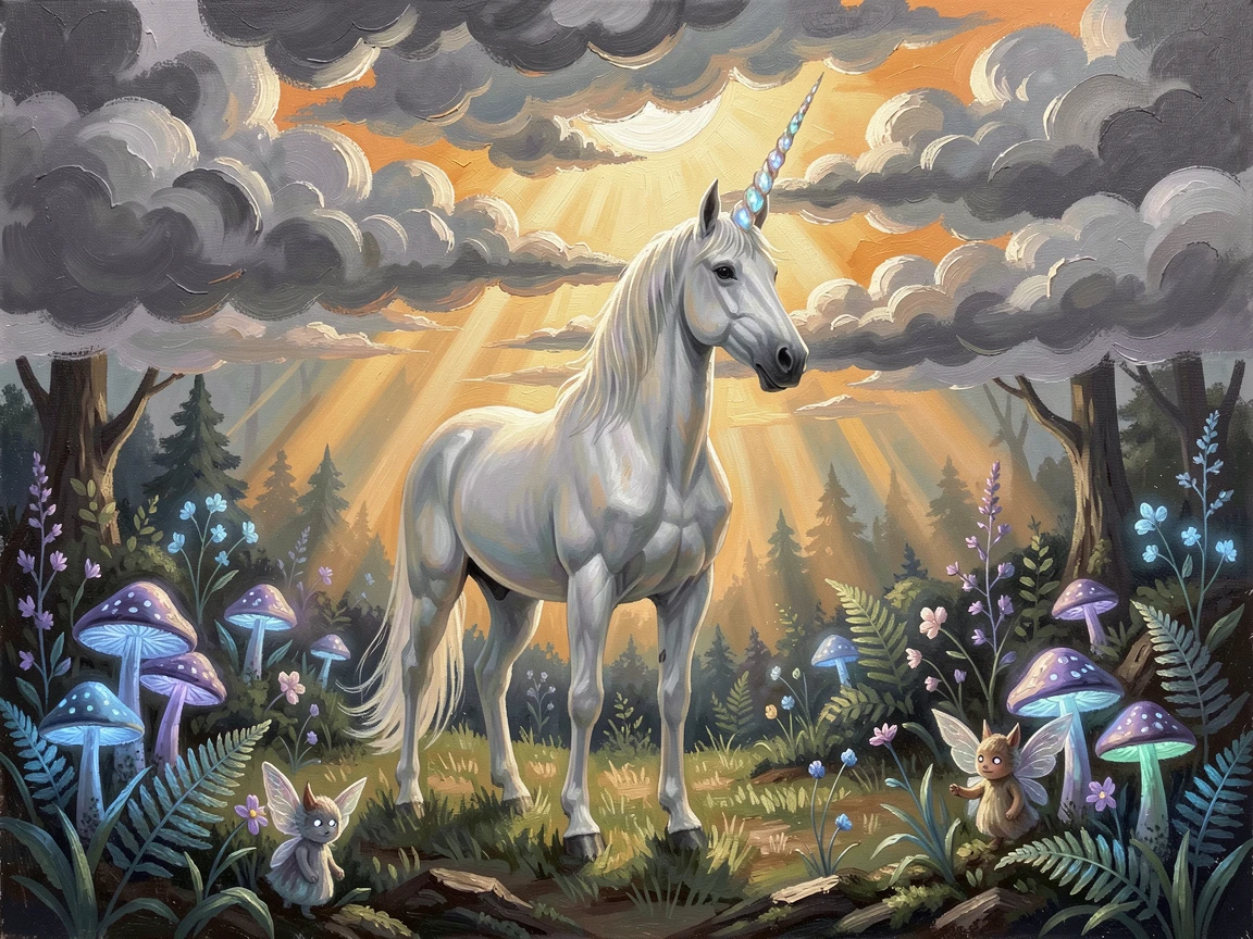 Surrounded by softly glowing bioluminescent plants, a graceful unicorn standing in a moonlit clearing, small woodland spirits peeking from the underbrush, as golden light breaks through parting storm clouds.