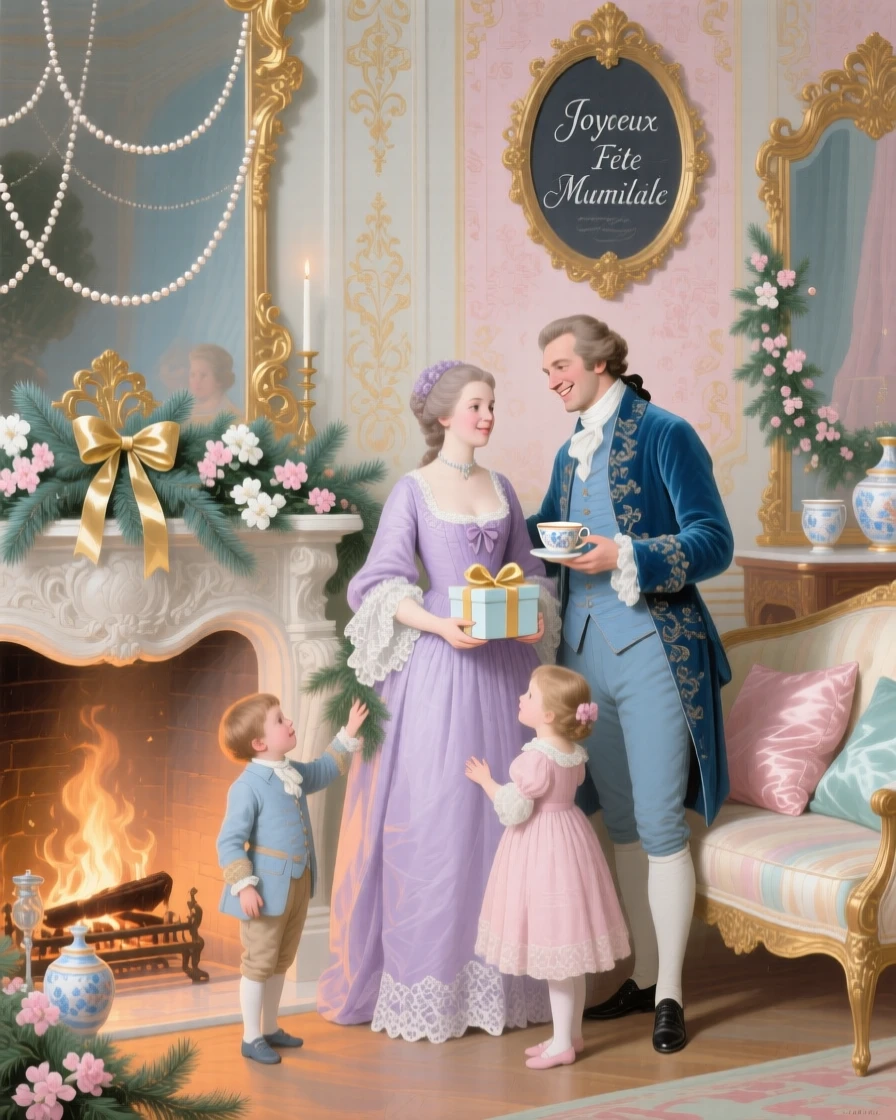 A family holiday celebration beside a fireplace and decorated evergreen branches  