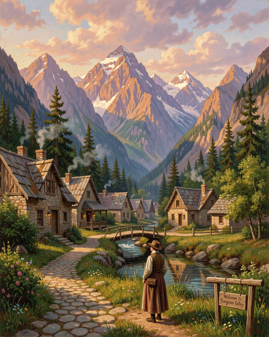 A mountain village nestles in a valley surrounded by towering peaks.