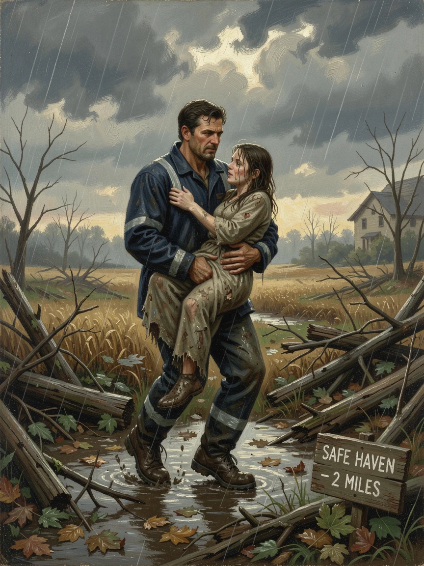 A rescue worker carrying an exhausted survivor to safety after a storm, as the setting itself echoes the emotional weight of the scene, capturing a powerful moment of hope, resilience, and human triumph